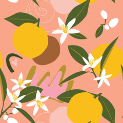 Blossoming of oranges. Citrus tropical fruits on a pink background with green leaves create a cute seamless pattern for printing on fabrics. 