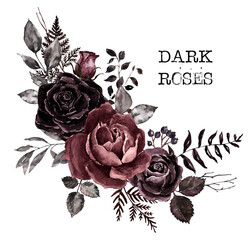 Dark roses floral open wreath made in vintage Victorian gothic style. Burgundy, red, maroon, and black rose arrangement. Watercolor flowers. PNG clipart. - 579793321