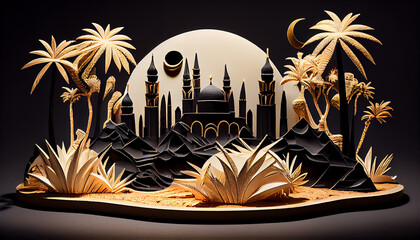 Plasticine mosque moon date palm black gold, generative AI