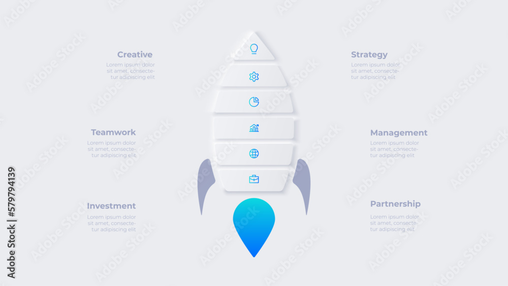 Poster concept of 6 steps to start work project. infographic design template. neumorphic rocket illustratio