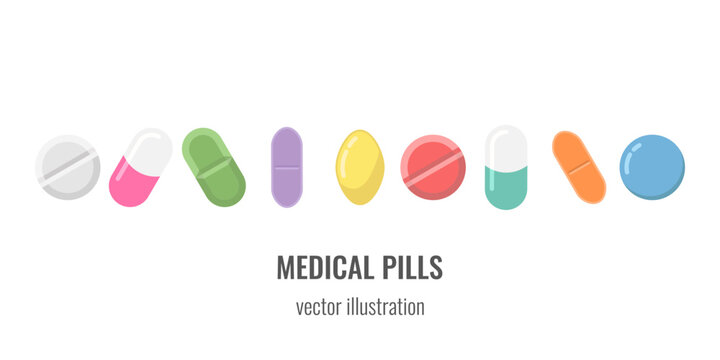 Set of of various kinds colorful capsules, pills, medical drugs. Flat style vector objects isolated on white background