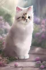 Adoreable Watercolor Spring Fluffy Cat Illustration. Created with generative AI technology. Fantasy illustration perfect for books, designs, posters.
