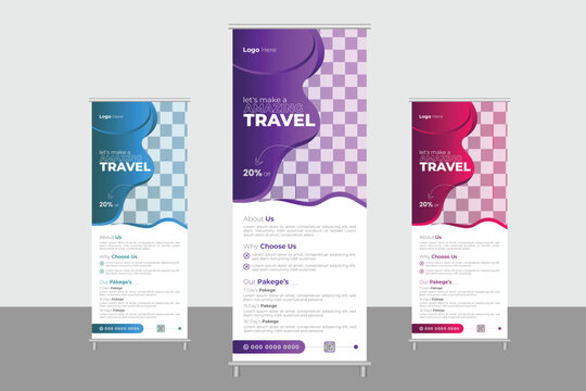 travel rollup banner, standee ,  rollup banner design standee vector template agency abstract elegant banner poster hanger x banner calendar company 
 business visiting  banner bandelle colorful 