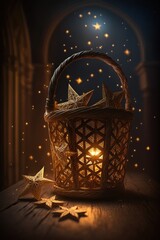 Basket full of golden stars Golden ornaments Christmas season Illustration