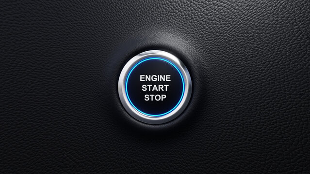 Engine Start Stop push button, Engine Start and stop modern car button with blue shine, Just push the button, 3D rendered illustration