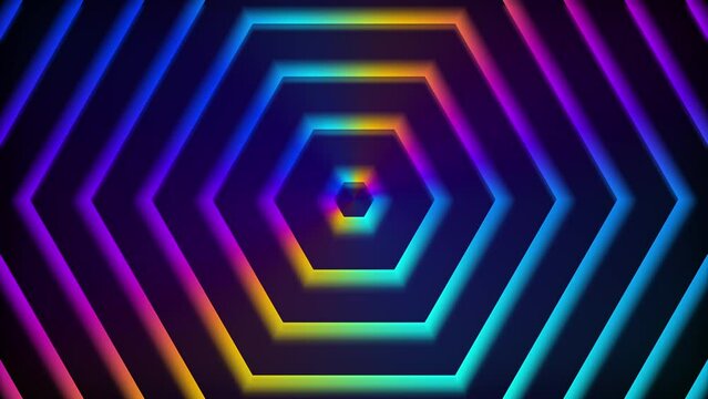 Bright glowing colorful hexagons abstract motion background. Seamless loop animation