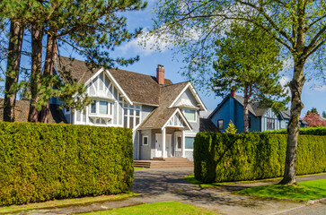 Fototapeta na wymiar Houses in suburb with Spring Blossom in the north America. Luxury houses with nice white and pink coloured landscape.
