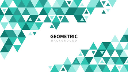 Template with a colorful green gradient triangular pattern on each corner position with a space. Modern monochrome geometric background for business or corporate presentation. Vector illustration - obrazy, fototapety, plakaty