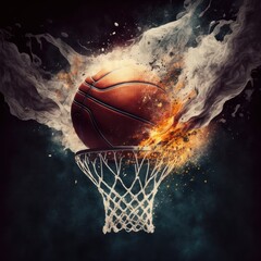 Basketball on hot fire smoke with explode ink art illustration, black background. GENERATIVE AI - obrazy, fototapety, plakaty