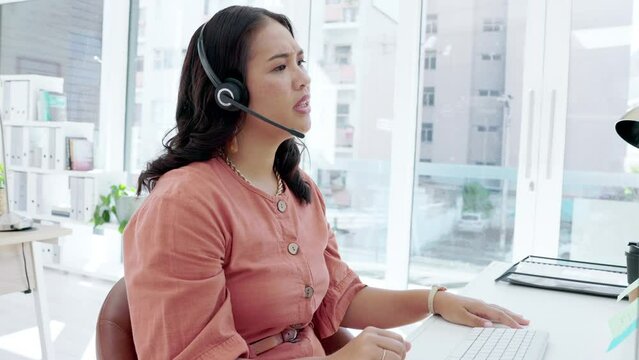Asian woman, call center and consulting in frustration for telemarketing, difficult customer or confused at office. Annoyed female consultant upset, stressed or tired struggling with online client