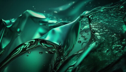 Macro photo of emerald water with bubbles. Abstract background. Generative AI. - obrazy, fototapety, plakaty