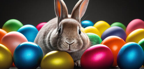Fototapeta na wymiar Close-up photorealistic illustration of adorable happy Easter Bunny with many colorful easter eggs. Generative AI