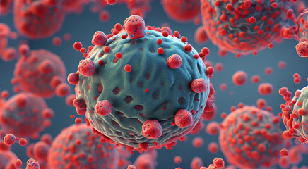 HIV Virus Particles Budding away from T Lymphocytes Cell created with Generative AI technology
