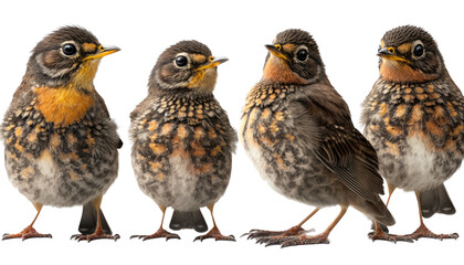 isolated cute American robin baby bird, macro, png, transparent background, spring, summer, vertical, horizontal, close up, Turdus migratorius, Generative AI