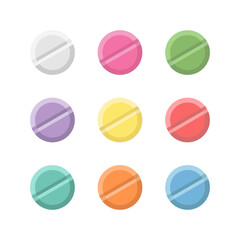 Set of colorful  round pills, tablets, medical drugs. Flat style vector objects isolated on white background