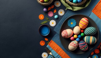 Easter banner with painted eggs and napkin dark blue with space for text AI generated image