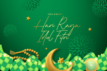 3d modern Islamic holiday background, suitable for Ramadan, Eid Fitri, Eid Adha and Maulid. Moon and ketupat with islamic decor on green background.