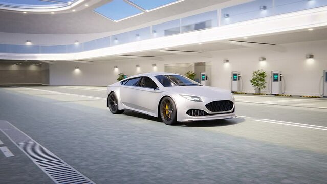 Generic electric car autonomously driving out from a parking space. 3D Rendering concept of future of transportation. EV with AI smart navigation system