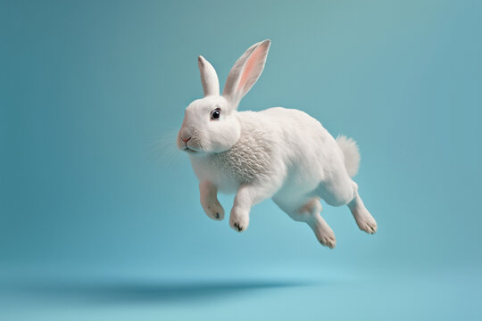 White rabbit jumping on pastel blue background 3d AI generated image