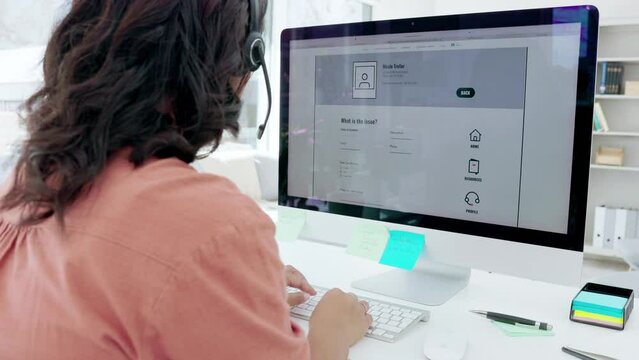 Woman, call center and consulting on computer screen for desktop support or customer service at office. Female consultant or agent helping in web navigation display or advice on PC in contact us
