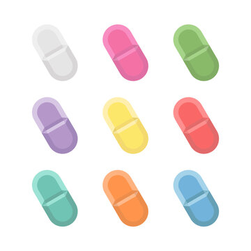 Set of colorful  oval pills, tablets, medical drugs. Flat style vector objects isolated on white background