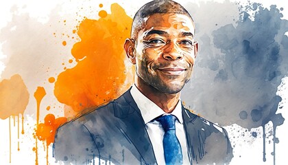 Portrait of a handsome CEO smiling, african, american executive business man, watercolor illustration. Generative AI
