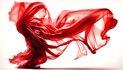 Ethereal Beauty. Red  Silk Fabric and Lace Floating in the wind in a Bright Studio. Generative AI 