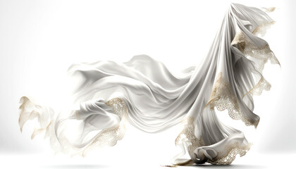 Ethereal Beauty. White Silk Fabric and Lace Floating in the wind in a Bright Studio. Generative AI 