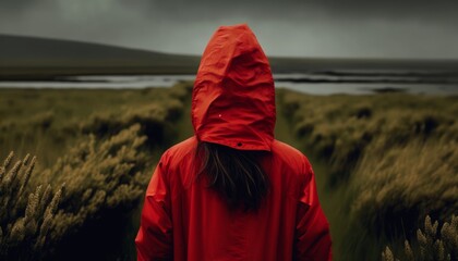 A woman in a red raincoat, back side view, AI generated