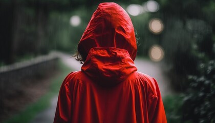 A woman in a red raincoat, back side view, AI generated