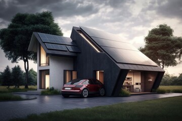 Fototapeta na wymiar A modern house with solar panels on the roof and an electric car in the yard near the house, Generative AI.