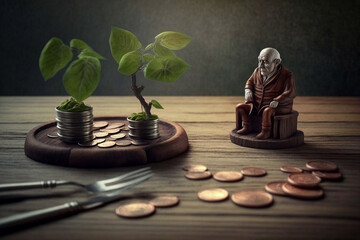 Elderly man illustration, coins and sprout on wooden table