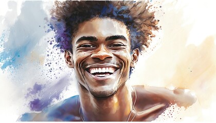 Portrait of happy handsome afro man, watercolor illustration. Generative AI