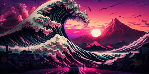 Japanse giant Tsunami Wave in the Synthwave Outrun Cyberpunk AI Generated - obrazy, fototapety, plakaty