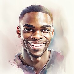 Portrait of happy handsome afro man, watercolor illustration. Generative AI