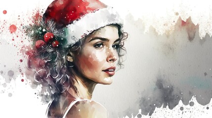 Fototapeta na wymiar Christmas Woman. Beautiful fashion model in santa hat. Watercolor Illustration. Generative AI