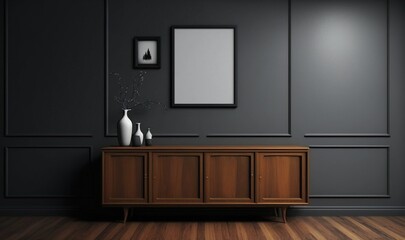 Dark room with grey wall apartment interior with scandinavian style wooden furniture and designer sideboard decorations