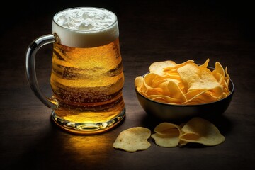 A glass of beer on the bar. Chips and snacks.