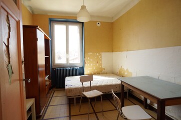 Slum landlord bedroom rental. Insalubrious bedroom. Abandoned room. Careless tenant. Destroyed...