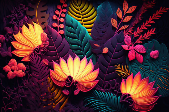 Neon tropical flowers and leaves, dark background. AI