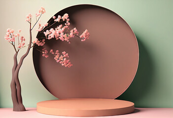 Background, circle podium. Round display, sakura pink flower branch shadow. Brown and green Cosmetic or beauty product promotion step pedestal. Abstract minimal. Generative AI.