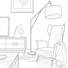 Interior. Living room. Rest zone. Floor lamp, armchair, cabinet, decor. Vector illustration.Coloring book for adults.