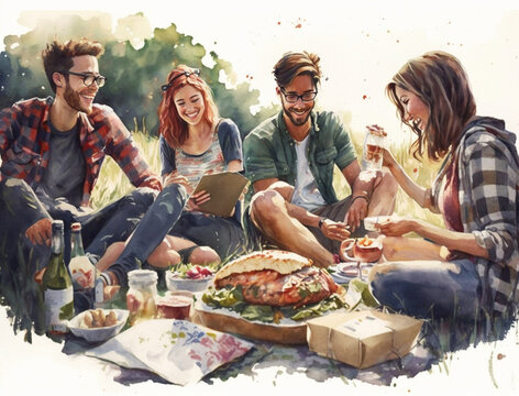 A Watercolor of Friends at a Picnic | Generative AI
