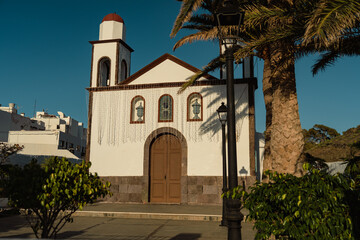 Small whitewashed church (Ermita de Nuestra Sra. De las Nieves) in Puerto de las Nieves, Agaete, Gran Canaria, Spain