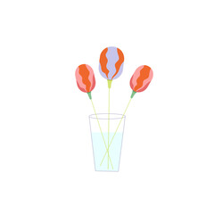 Three abstract flowers in a vase of water. Vector simple illustration of plants.