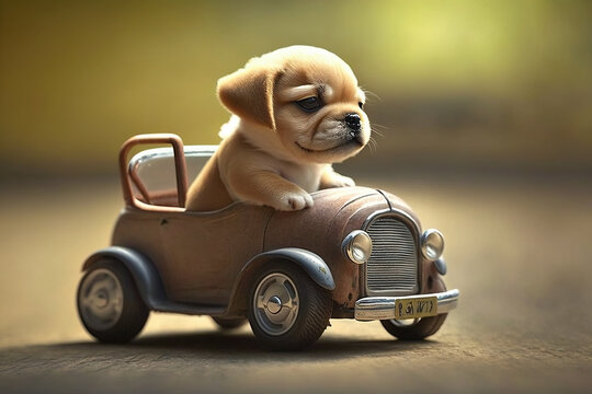 A puppy dog driving a vintage pedal car. Generative ai and digital editing.