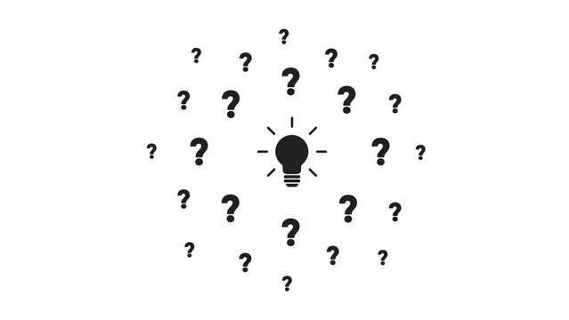 Group of Question mark around  Light Bulb animation in white dark background. Conceptual creative Idea of Solution, FAQ, Innovation and Imagination