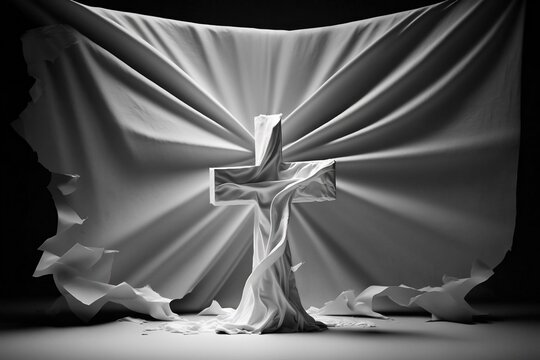 croix catholique entour&eacute;e d'un drap blanc - noir et blanc - generative ai