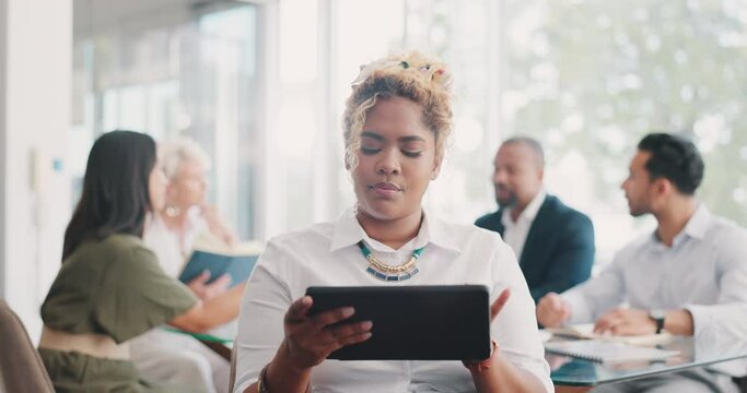 Tablet, thinking and business woman in office with problem solving solution and strategy for sales, marketing and employee engagement. Schedule, planning and idea or memory of corporate tech manager