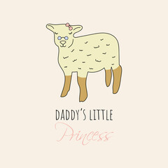 Illustration of cute sheep with glasses and bow with writing “daddy’s little princess” 